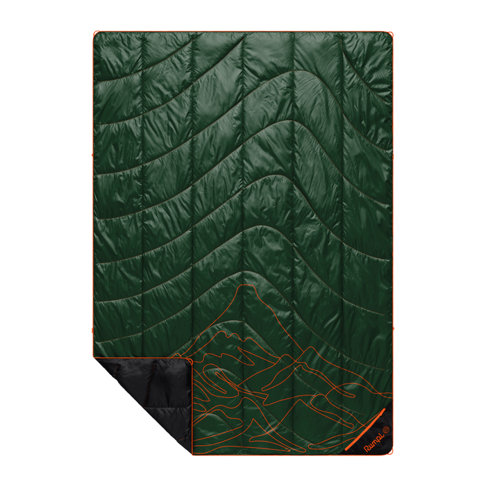 Green quilted outdoor blanket with orange mountain topographic pattern and black corner folded back