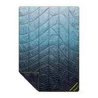 Quilted outdoor blanket with blue gradient pattern and white wavy lines, shown flat