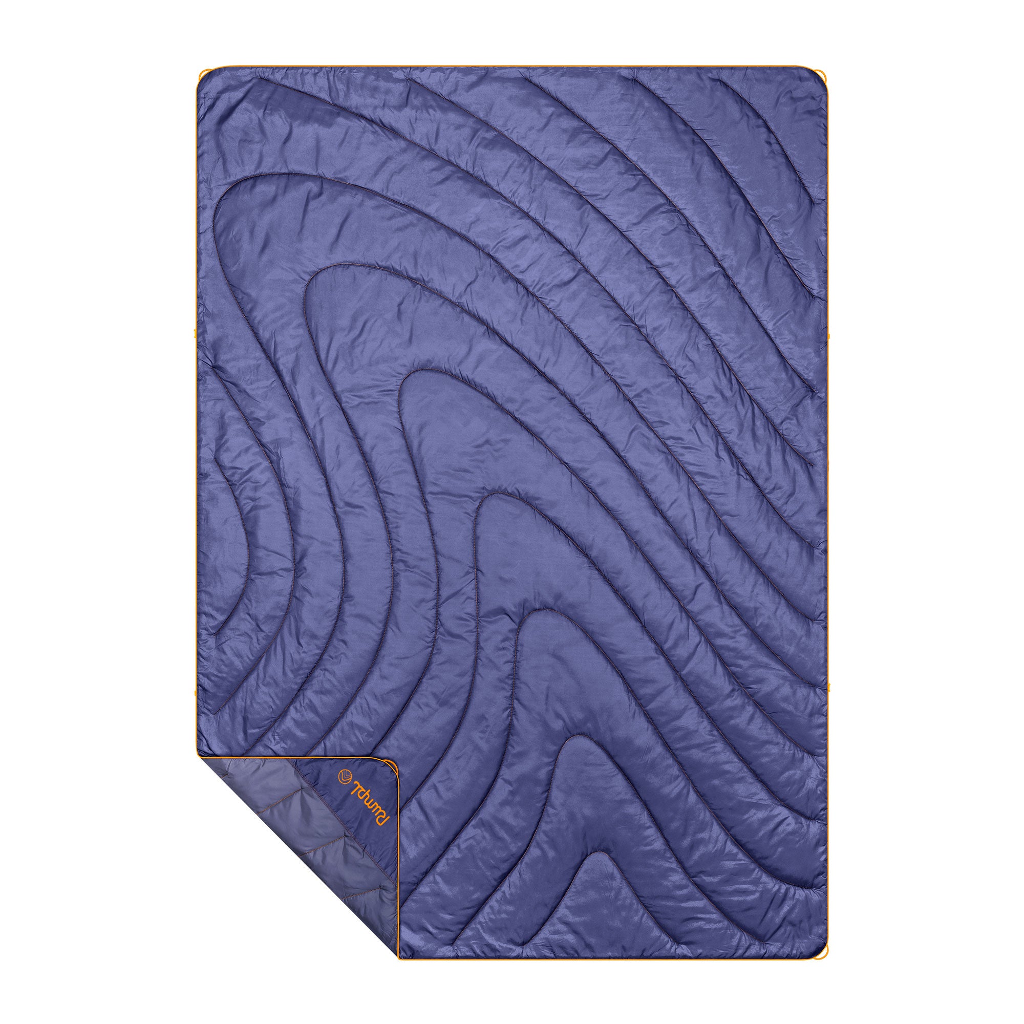 Purple quilted puffy blanket with curved stitching pattern laid flat, showing full rectangular shape