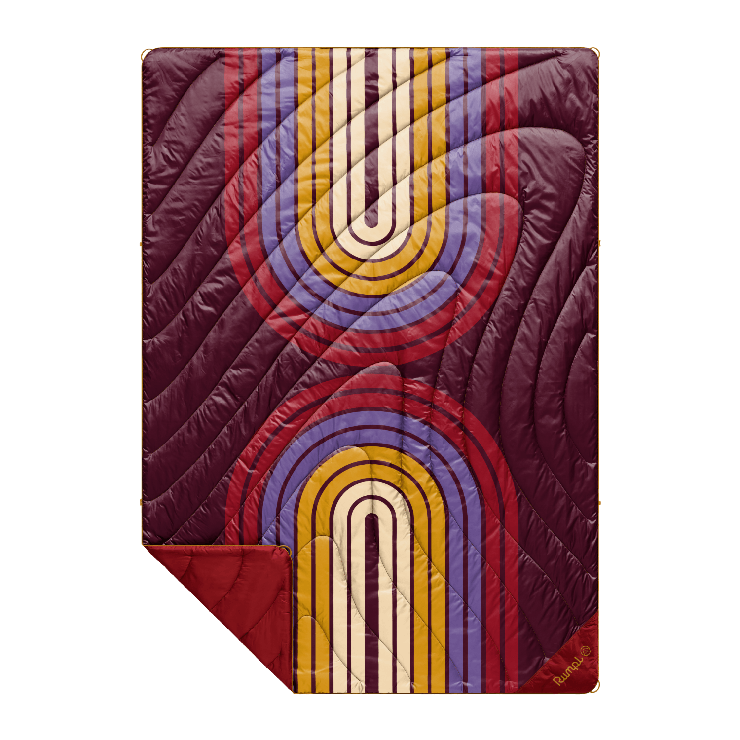 Quilted puffy blanket with retro rainbow arch pattern in burgundy, gold, and lavender, flat lay view