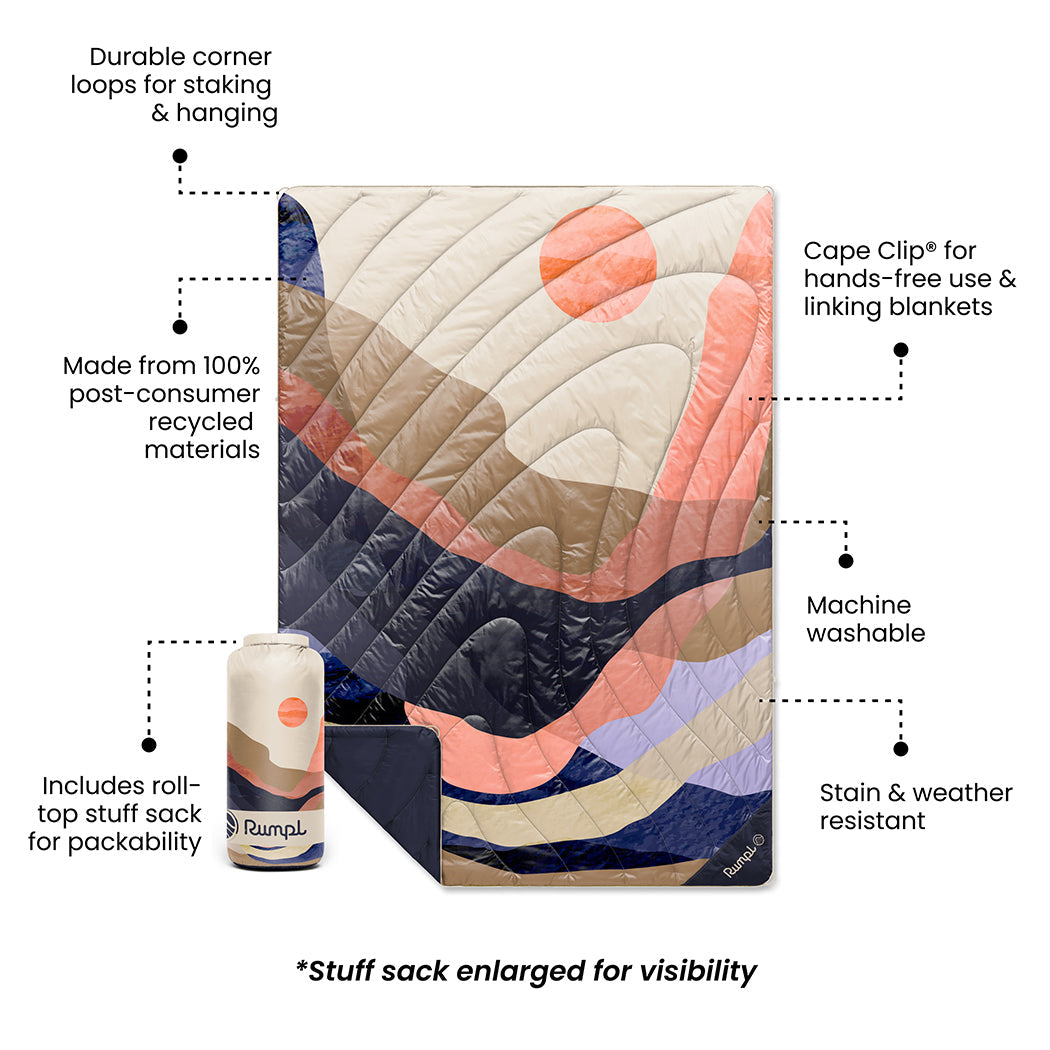 Quilted outdoor blanket with colorful wave pattern displayed with features callouts and compact stuff sack