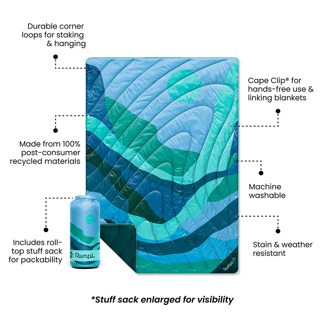 Quilted puffy blanket with blue-green wave pattern, shown with compact stuff sack and feature callouts