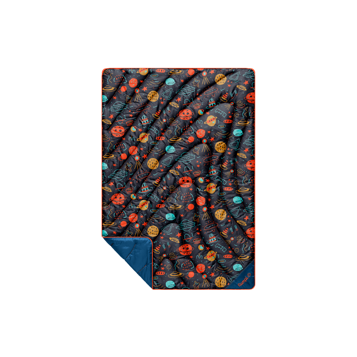 Compact puffy blanket with space-themed doodle print featuring planets and UFOs, corner folded to reveal solid navy lining
