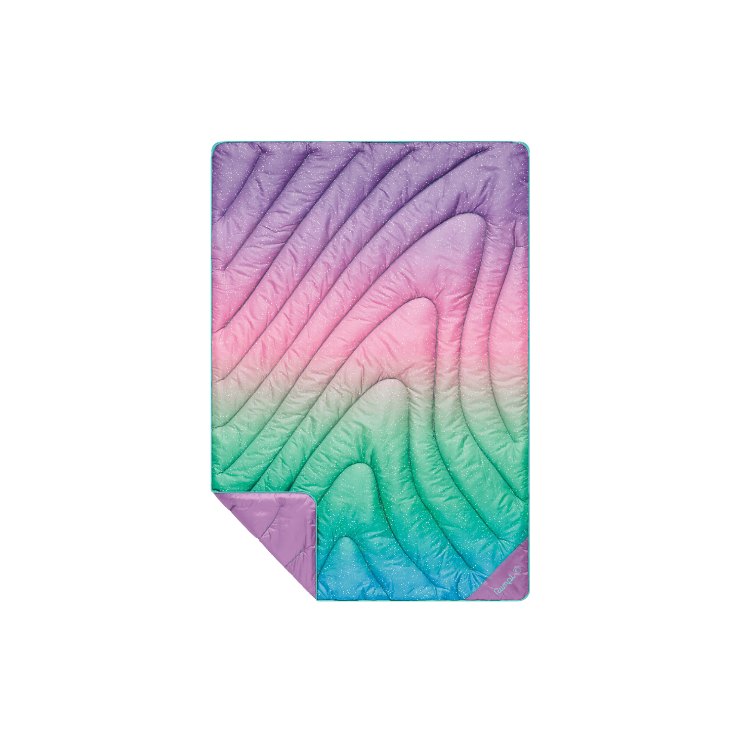 Quilted puffy mini blanket with rainbow gradient ombre pattern, corner folded to show solid purple reverse side