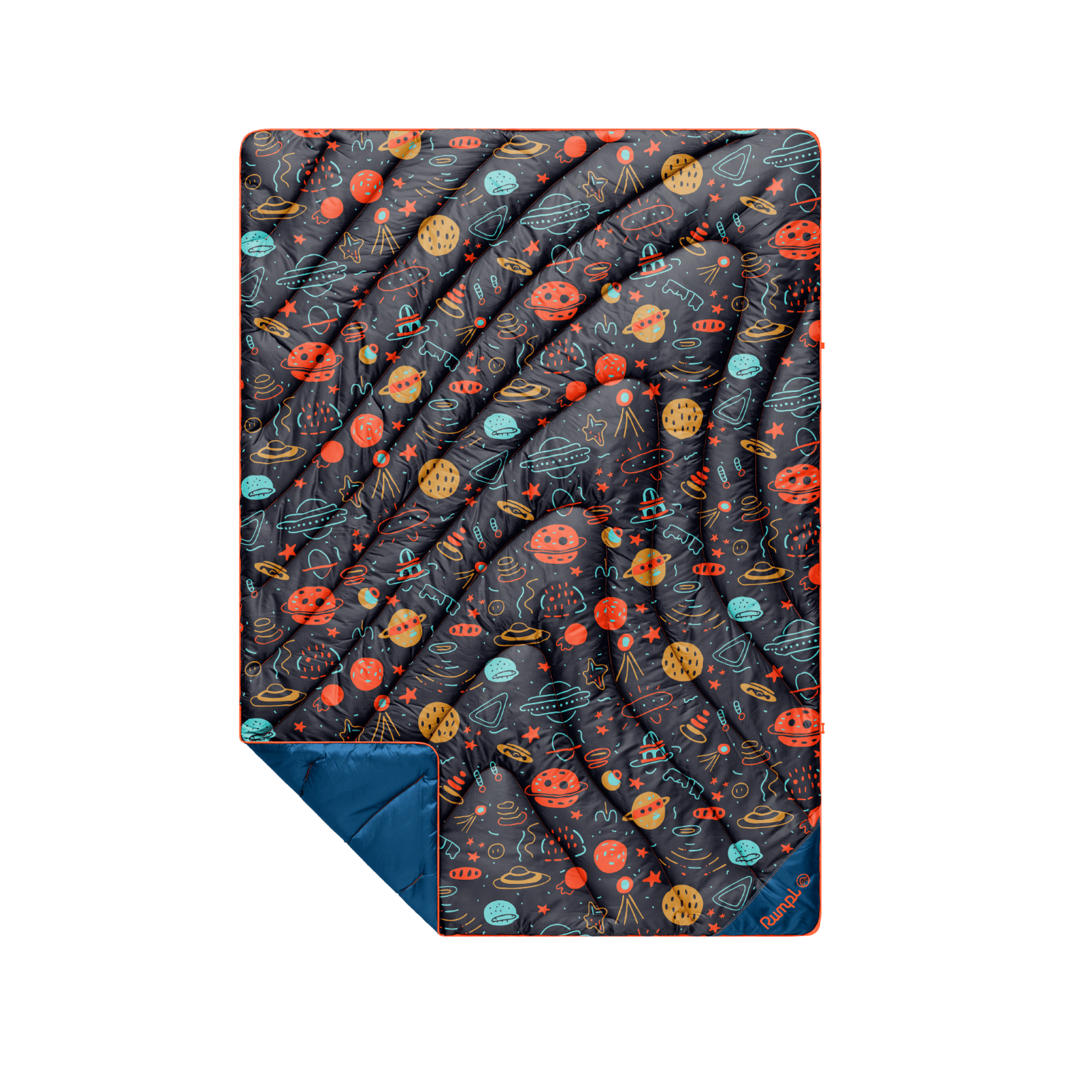 Puffy quilted blanket with space-themed doodle print, navy blue reverse side visible at folded corner