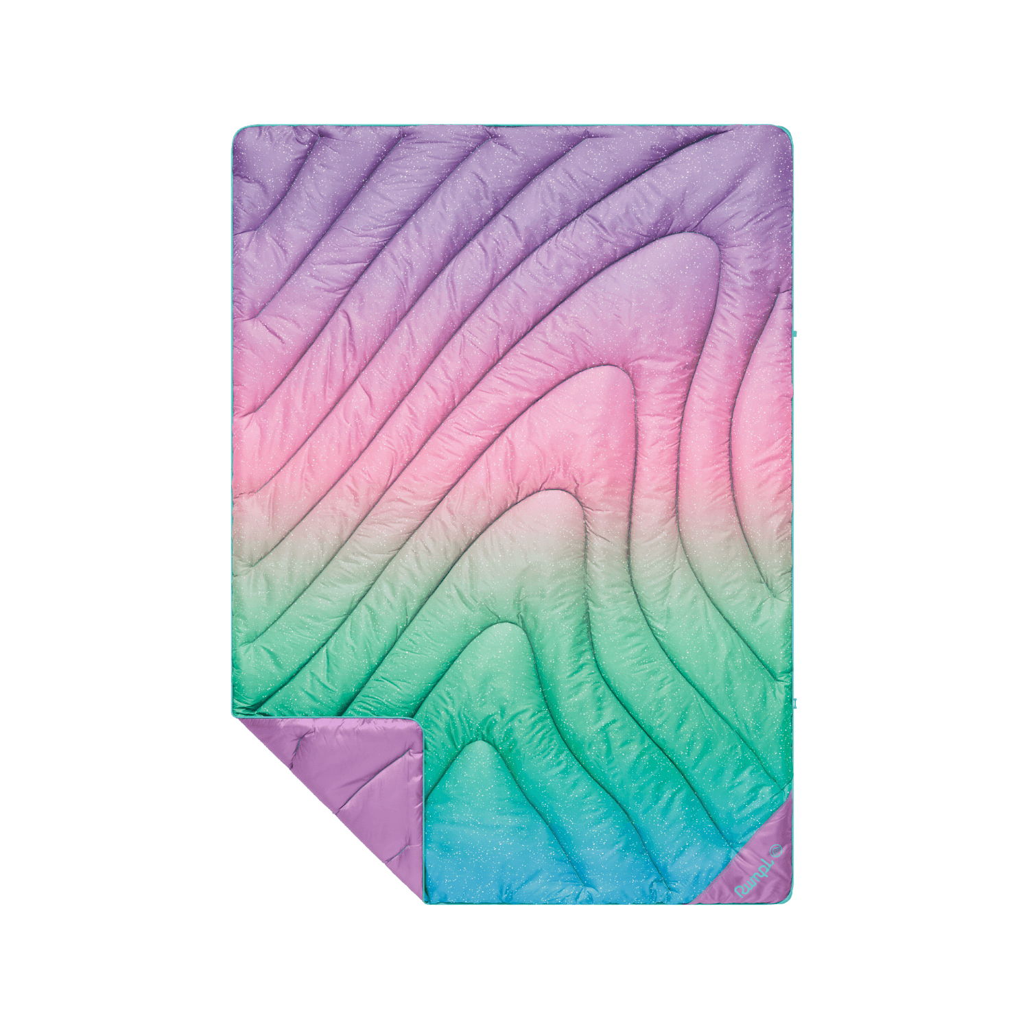 Quilted puffer blanket with rainbow ombre gradient pattern, corner folded back showing solid purple reverse side