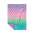 Quilted puffer blanket with rainbow ombre gradient pattern, corner folded back showing solid purple reverse side