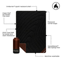 Black quilted camping blanket with topographic pattern laid flat, shown with brown storage bag
