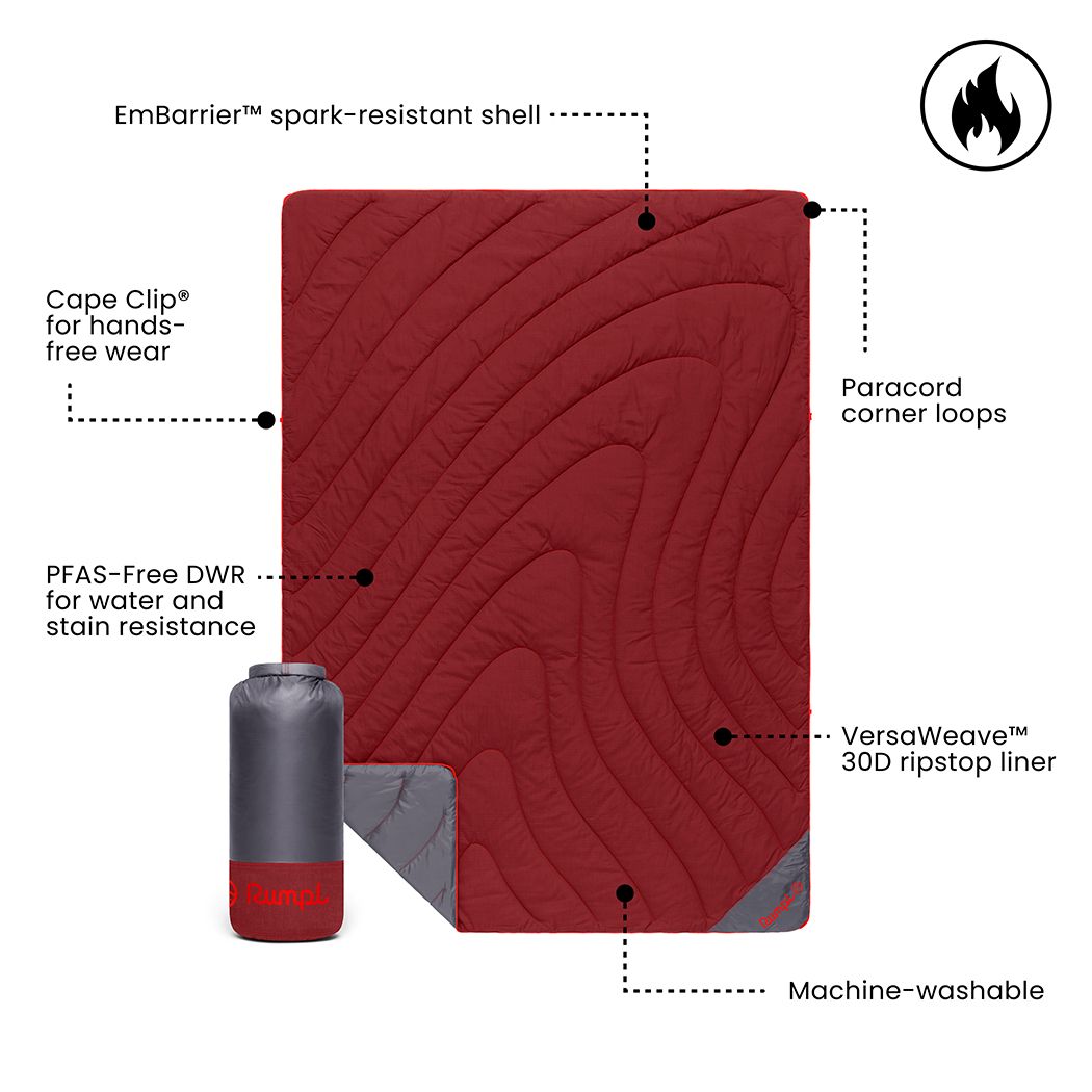 Red quilted camping blanket with feature callouts and stuff sack shown alongside