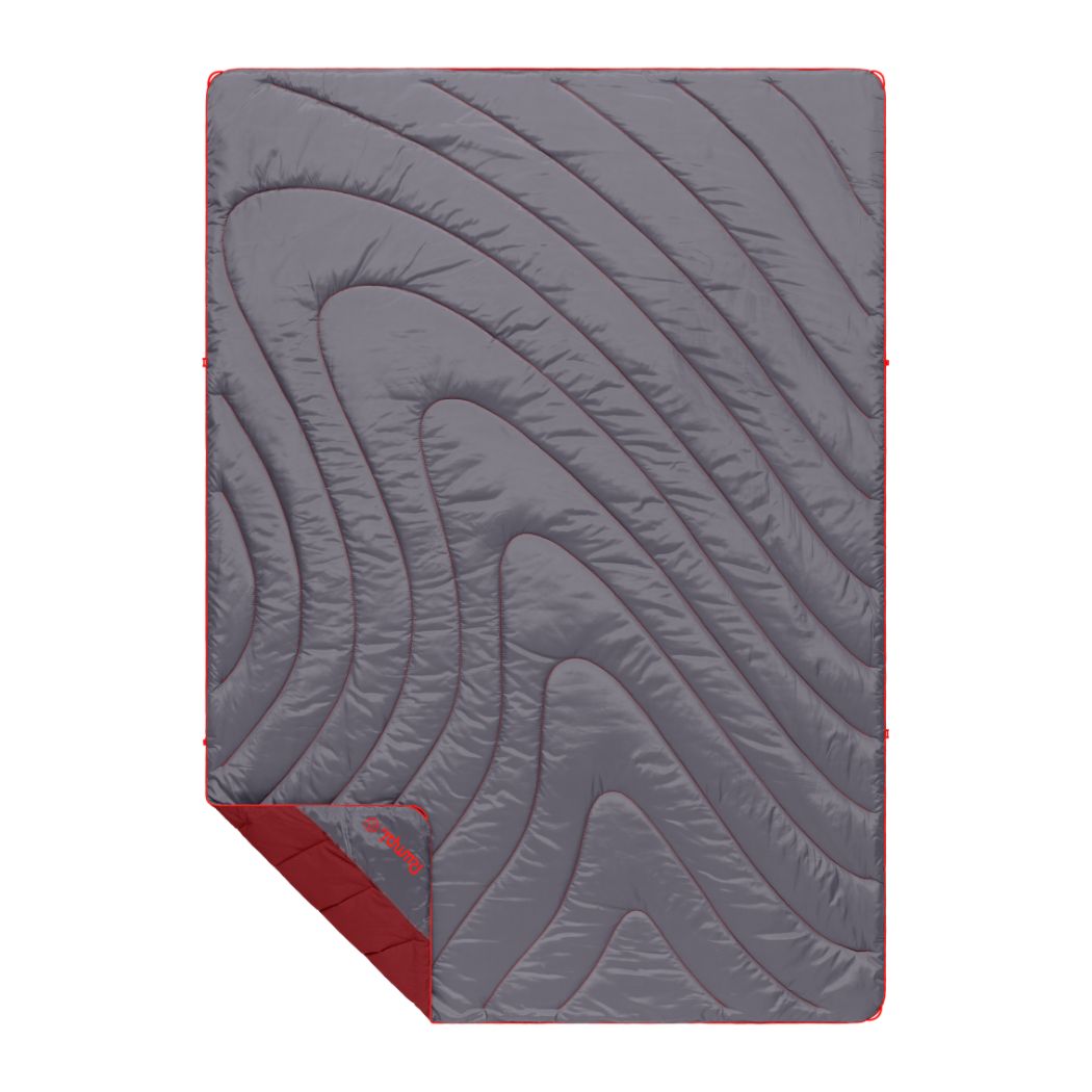 Gray quilted puffy blanket with curved wave pattern and red trim, flat lay view