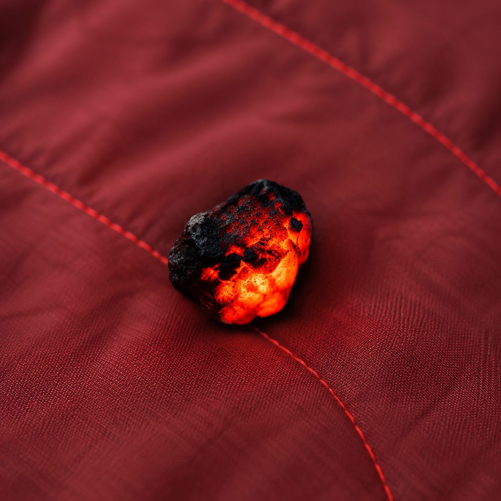 Glowing charcoal ember resting on a quilted cherry red puffy blanket, detail shot