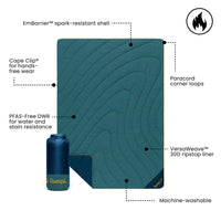 Teal quilted outdoor blanket with curved stitching pattern shown with compact stuff sack and feature callouts