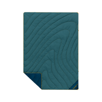Quilted puffy blanket with curved topographic pattern in teal green, corner folded to show navy backing