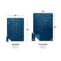 Quilted puffy blanket in two sizes shown flat with packed storage sacks, size comparison chart