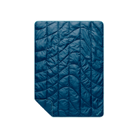 Quilted puffy travel blanket in deep teal with wave pattern stitching and folded corner