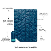 Quilted puffy travel blanket in deep teal with wave pattern, shown with roll-top stuff sack and feature callouts