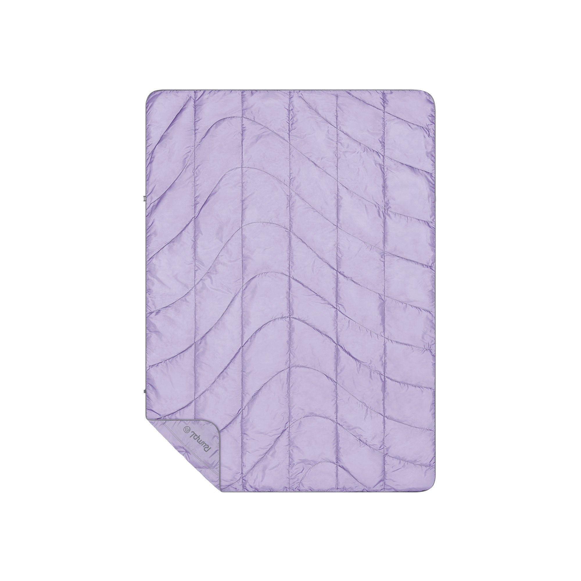 Light purple quilted travel blanket with wave stitching pattern, flat lay view