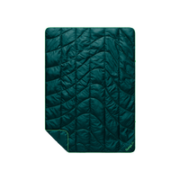 Dark teal quilted travel blanket with wave pattern stitching and bright green border trim