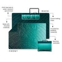 Quilted outdoor mat shown folded and packed, featuring gradient teal design with corner loops