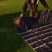 Person setting up outdoor blanket with striped brown pattern and dark backing on grass