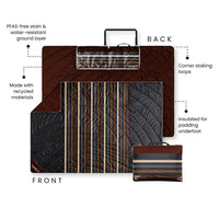 Quilted outdoor blanket with striped pattern showing front, back and folded views with feature callouts