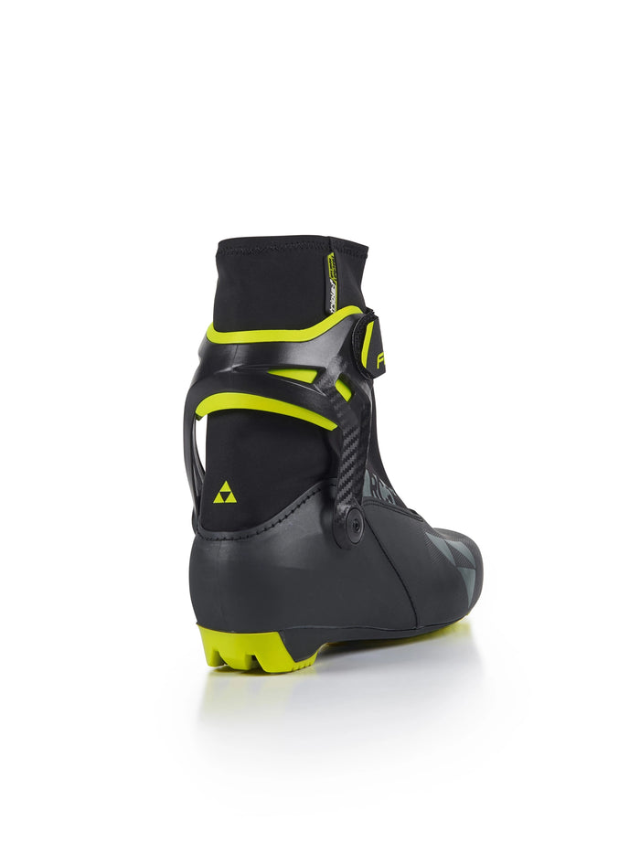 Cross-country ski boot rear view showing carbon heel support, neon accents, and ankle cuff