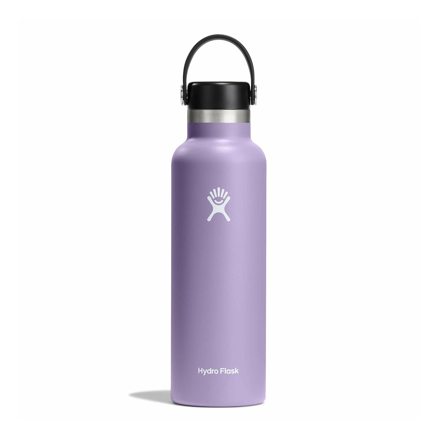 Light purple insulated stainless steel water bottle with black flex cap and carry handle, front view