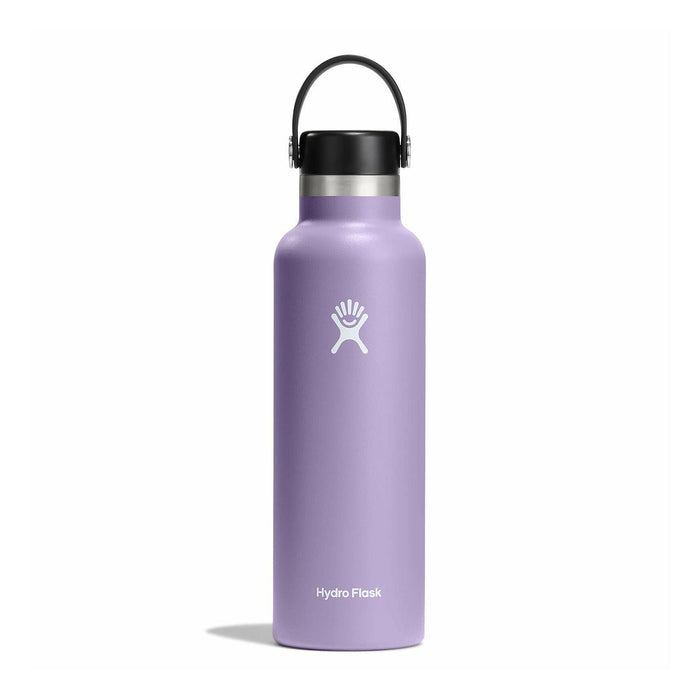 Light purple insulated stainless steel water bottle with black flex cap and carry handle, front view