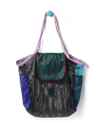 Mesh tote bag with colorful fabric panels and purple shoulder straps, front view