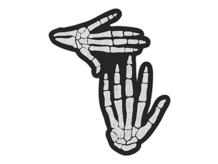 Black vinyl sticker featuring white skeleton hands in dripping melting design