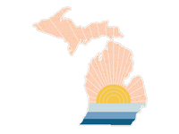 State-shaped sticker with sunrise design featuring radiating rays and water gradient at bottom