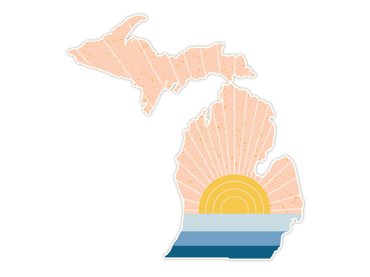 State-shaped sticker with sunrise design featuring radiating rays and water gradient at bottom