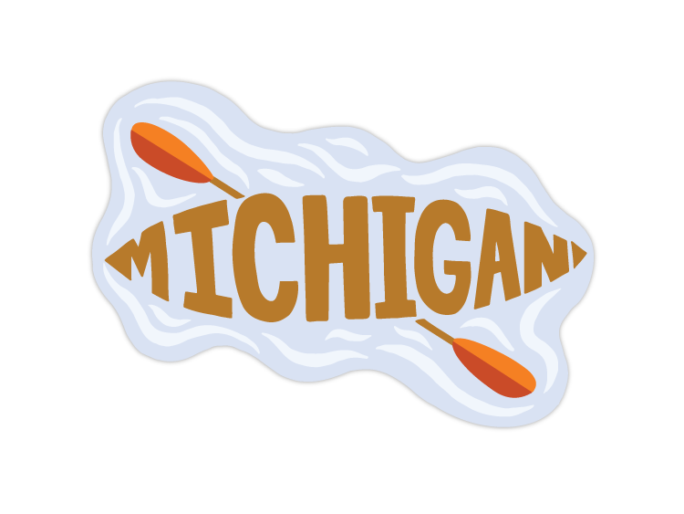 White sticker with brown text and orange paddle graphics in canoe shape design