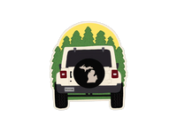 Circular sticker showing rear view of off-road vehicle with state silhouette, forest and sun background