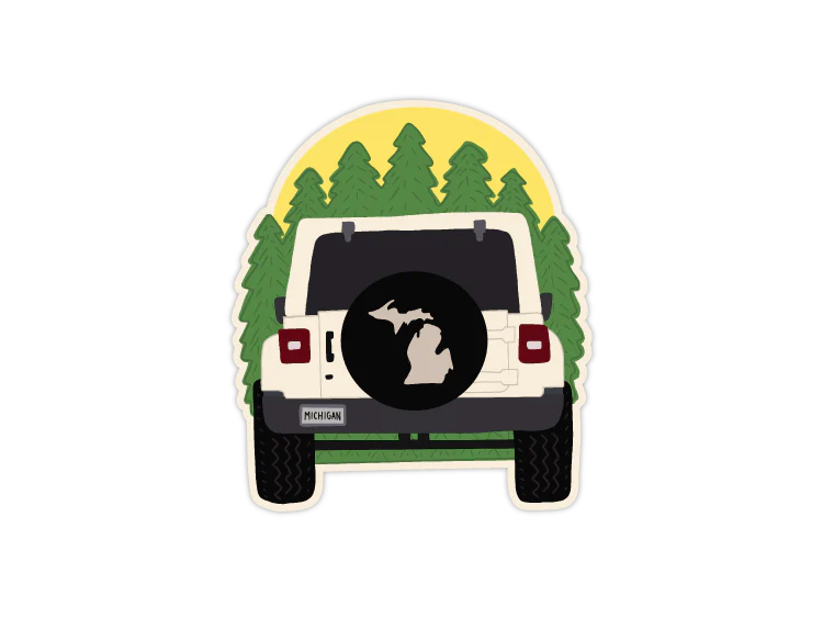Circular sticker showing rear view of off-road vehicle with state silhouette, forest and sun background