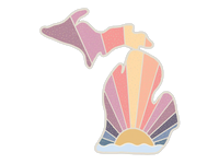 State-shaped sticker with sunset gradient design featuring radiating rays and dotted pattern details