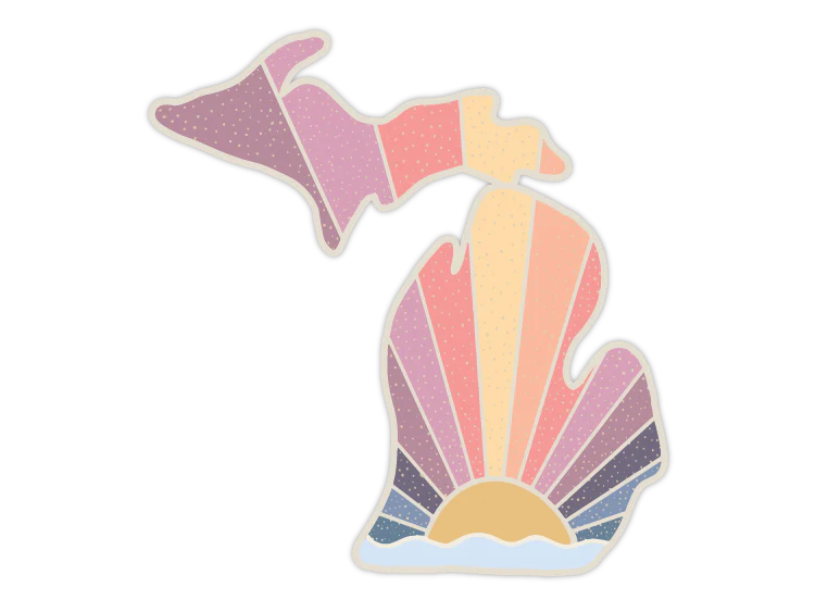 State-shaped sticker with sunset gradient design featuring radiating rays and dotted pattern details