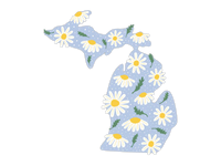 Michigan state shape sticker with light blue background and white daisy pattern