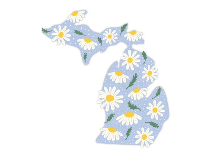 Michigan state shape sticker with light blue background and white daisy pattern