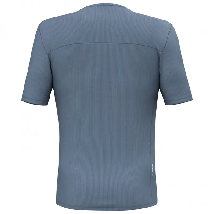 Blue-gray athletic t-shirt with ribbed texture shown from back view on white background