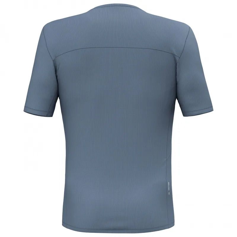 Blue-gray athletic t-shirt with ribbed texture shown from back view on white background