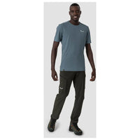 Steel blue athletic t-shirt with dark hiking pants and boots, modeled front view
