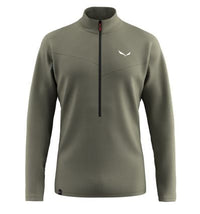 Olive green fleece pullover with half zip and stand collar, front view
