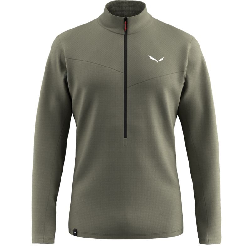 Olive green fleece pullover with half zip and stand collar, front view