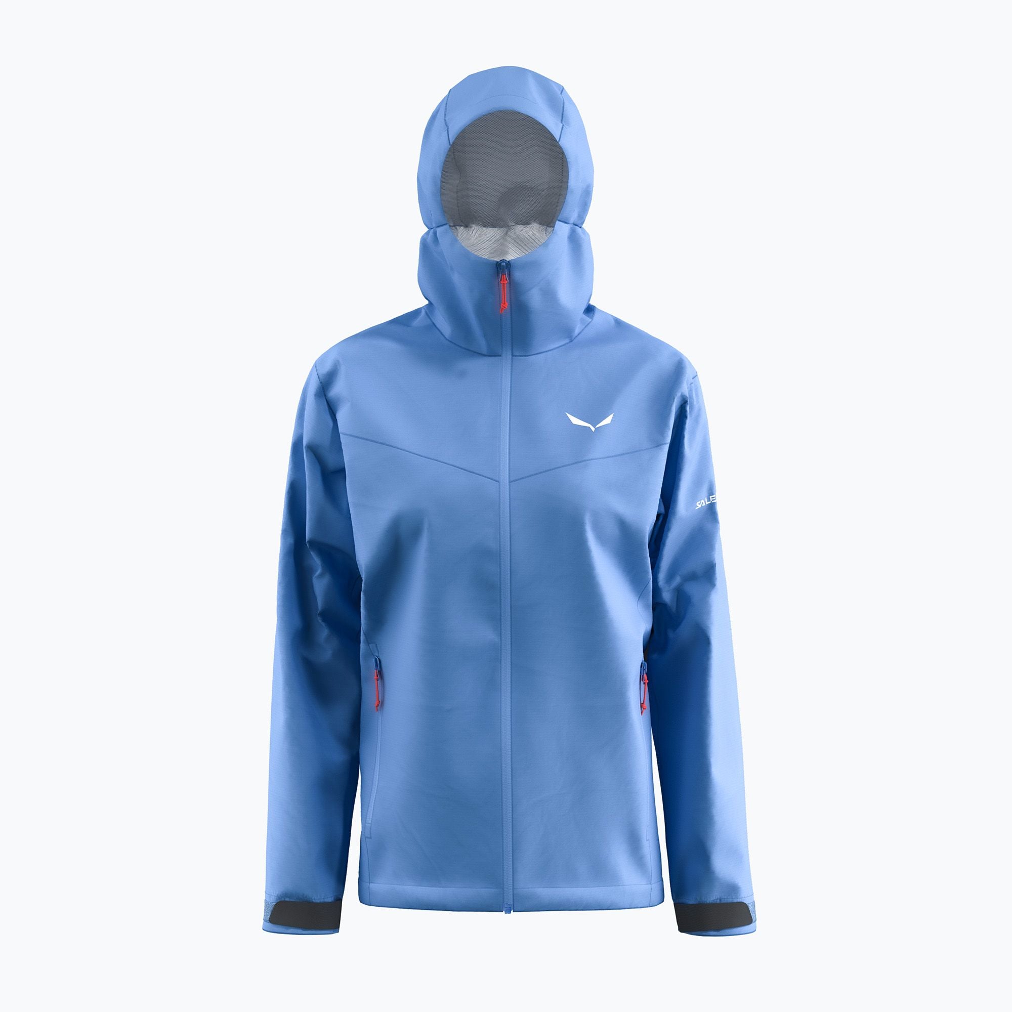 Light blue hooded rain jacket with full zip and red zipper pulls, front view