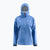 Light blue hooded rain jacket with full zip and red zipper pulls, front view