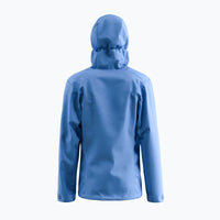 Blue hooded rain jacket shown from back view on white background