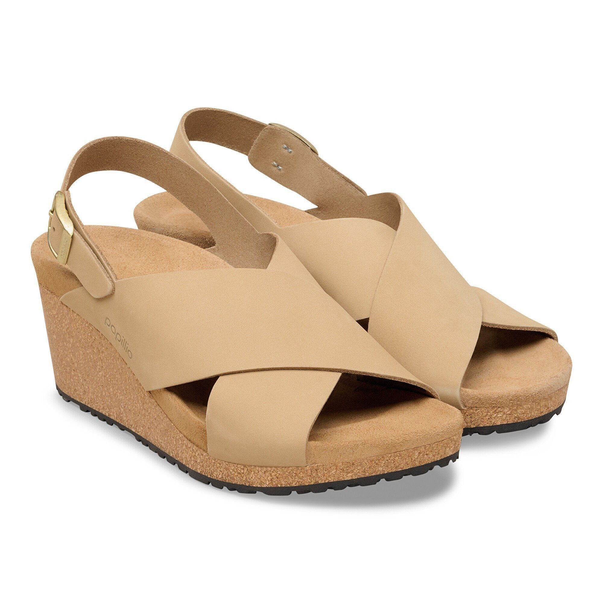 Tan nubuck leather platform wedge sandals with crossed straps and adjustable heel strap