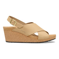 Women's nubuck leather wedge sandal with crossover straps and cork sole