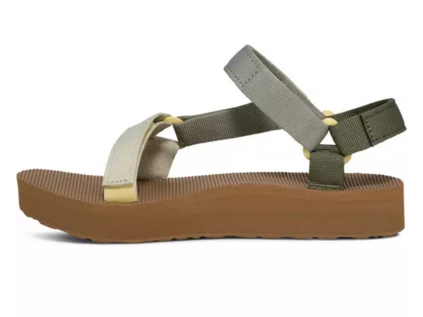 Platform sandal with adjustable straps in earth tones, side view on white background